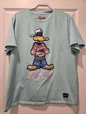 Vintage Thick Patch Looney Tunes Hip Hop Daffy Duck T-shirt Teal Blue - Size 2XL